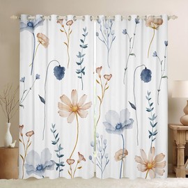 Erosebridal Cortinas florales de acuarela, cortinas opacas de color azul y beige para adolescentes y mujeres adultas, cortinas blancas minimalistas modernas y cortinas blancas con ramas de flores,