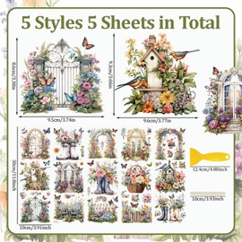 WANDIC 5 PCS Flower Theme Rub On Transfer Sticker,Window&Scenery Sticker Butterfly Decal for Present Packaging DIY Scrapbooking Albums Furniture,10 * 30cm