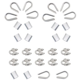 HAJXZH 30PCS Wire Rope Accessories Set M5 Cable Clip Clamp Stainless Steel Thimbles Rigging and Aluminum Crimping Loop Sleeve for 3/16'' Wire Rope