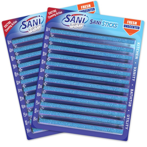 SANI 360° Sani Sticks Drain Cleaner and Deodorizer | Non-Toxic, Enzyme Formula to Eliminate Odors and Helps Prevent Clogged Drains | Septic Tank Safe | 24 Pack, Unscented