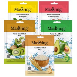 MasKing Beauty Facial Sheet Mask with Real Extract of Lemon, Pomegranate, Kiwi, Avocado & Rice for Skin Brightening, Regeneration, Lightening, Nourishing & Soothing for Women & Men, 100ml (Combo Of 5)