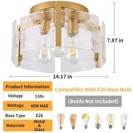 MIAYBPH Gold Semi Flush Mount Ceiling Light Fixture, 14-Inch Farmhouse Modern Flush Mount Light Glass Drum Lights Foyer Lighting Fixtures for Kitchen Entryway Hallway Laundry Room Bedroom Bathroom