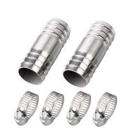 Pysrych Stainless Steel 304 Hose Barb Fitting Union 1" Barbed x 1" Barbed Splicer Mender Coupler with Hose Clamp (Pack of 2)