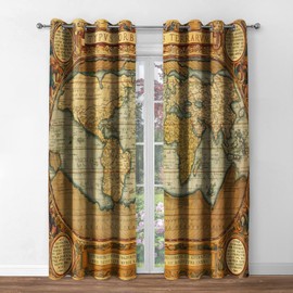 Jekeno World Map Blackout Curtains World Map Vintage Print Grommet Window Drapes for Bedroom Living Room 2 Panel Set, 42"x54"