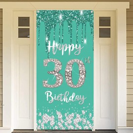 30th Birthday Decoration for Women, Turquoise 30th Birthday Banner Fabric Sign Poster, 30th Birthday Door Cover For Woman, 30th Birthday Party Supplies Photography Background