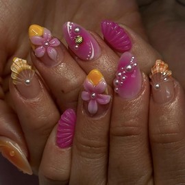 Flower Press on Nails Short Medium Almond Fake Nails Yellow French Tip False Nails with Pink Flower Design Glossy Acrylic Full Cover White Pearl Glue on Nails Reusable Stick on Nail for Women 24Pcs