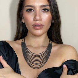 Ever Faith Multi Layered Chunky Collar Necklace, Glitter Grey Rhinestone Waterfall Multi-Strand Chains Statement Bib Necklace Costume Jewelry