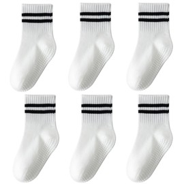 Wamvp Toddler Grip Socks with Non-Slip, Unisex Baby Retro Stripe Seamless Crew Ankle Cotton Socks for Girls Boys 6 Pairs,White 3-12Months