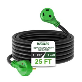 RVGUARD 30 Amp 25 Foot RV Extension Cord with Reverse Polarity Indicator, Heavy Duty 10/3 Gauge STW Cord with Cord Organizer, TT-30P/R Standard Plug, Green, ETL Listed