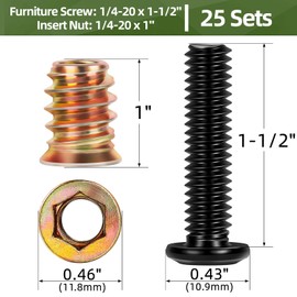 25 Sets Wood Inserts & Bolts Assortment Kit for Furniture, 1/4-20 x 1 Screw-in Nuts and 1/4-20 x 1-1/2" Furniture Threaded Bolts with 2 PCS Hex Drive Wrench Included