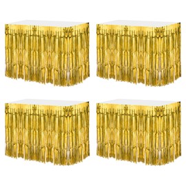 MECCANIXITY 4 Pcs 29x108 Inch Gold Metallic Foil Fringe Tinsel Table Skirts for Rectangle Tables Tinsel for Wedding Birthday Party Decoration