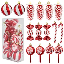 Christmas Candy Ornament Set 15 Pcs Plastic Pinecone Candy Cane Decorations Christmas Lollipop Ornament Xmas Hanging Lollipop Pattern Decorations with Rope