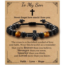 Alissl Cross Bracelet for Boys,Yellow Tiger Eye Natural Stone Beaded Cross Bracelet Adjustable, Lucky Charm Basketball Easter Gifts for Teens Son Grandson Man(To My Son)