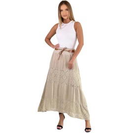 Mississhop Long Cotton Skirt with Lace & Belt, beige, Unit size