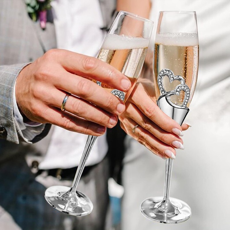 ukgiftstoreonline Double Heart Wedding Champagne Flute with Sparkling Crystals