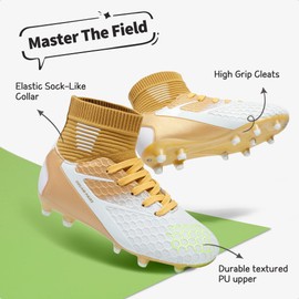 DREAM PAIRS Boys Girls Soccer Cleats Youth Firm Groud Outdoor Sport Athletic High Top Football Shoes for Little/Big Kid,Size 12 Little Kid,Gold/White,HZ19002K
