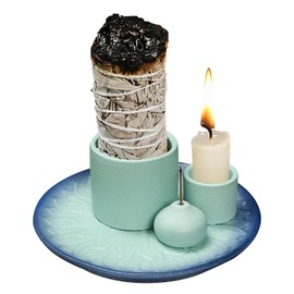 SHEBUYLLI Incense Burner Holder, 4 in1 Palo Santo Holder Ceramic Incense Stick Holders with Ash Catcher Sage Holder Smudge Bowl for Yoga Meditation Room Home Decor (#001Green)