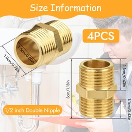 4 Pcs 1/2" Male to 1/2" Male,Thread Brass Hex Nipple Connector,Hex Nipple Pipe Fittings,Straight Pipe Hex Fitting G1/2 x G1/2 Male Thread Connector for Pipe Connecting Conversion
