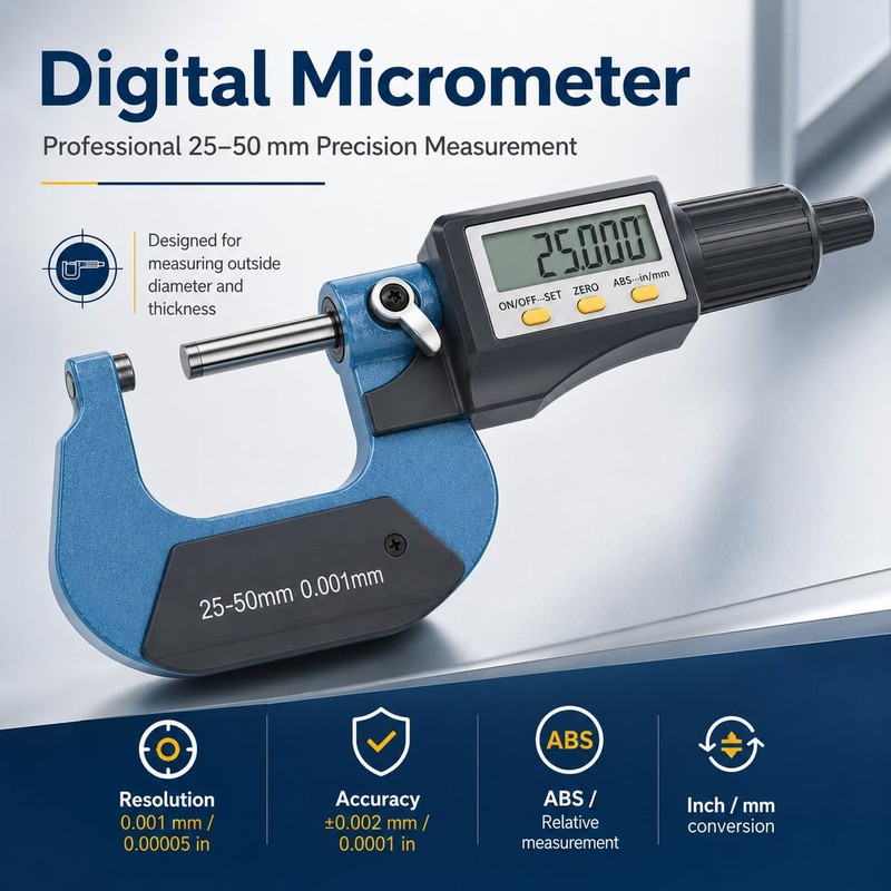 Digital Outside Micrometer, 25-50 mm/1-2 Inch LCD Micrometer