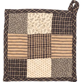 VHC Brands Kettle Grove Patchwork Blocks Pot Holder 8x8 Primitive Country Patchwork Kitchen Tabletop Design, Country Black and Creme