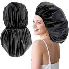 Extra Large Shower Cap, Double-Layer Waterproof Shower Caps,Hair Cap for Shower Bathing,Black Shower Cap for Men Women Thick Long Hair Braids Curly Hair