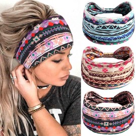 SAWINDA Headbands for Women Elastic Non-slip Twisted Knot Hair Bands Stretch Printed Soft Fabric Sweat Hair Wraps Bandanas Yoga Workout Running Hair Accessories (Pack of 3)