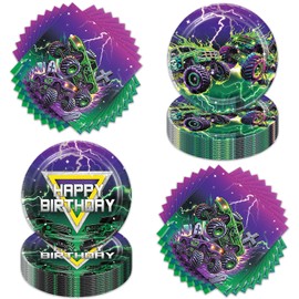 ACIYHN 40Pcs Green Purple Monster Truck Party Paper Plates for Monster Truck Birthday Party Racing Car Theme Disposable Tableware Dinnerware Set for Kids Boys Monster Truck Birthday Party Supplies