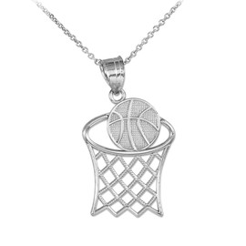 .925 Sterling Silver Basketball Hoop Sports Charm Pendant Necklace - 20" Rolo Chain