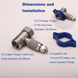 304 Stainless Steel Dual Thread Water Line Splitter​​: G1/2" Male/Female to 1/4" OD Push-Connect Tee Valve + Free Hex Key & Teflon Tape + 1/4" to 3/8" Adapter - for Sink Under Water filter