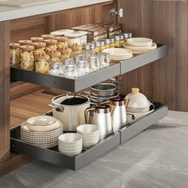 Weykings Pull-Out Cabinet Organizer, Expandable (13.78"-19.69 "W), Self-Adhesive Sliding Drawer, Pot and Pans Organizer for Kitchen Cabinet Storage Drawers, Home Kitchen, Screwless, 16.9" deep, black