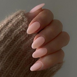 Nude Pink Press on Nails Short Oval Acrylic Nails Press on, Solid Color Medium Short Oval Fake Nails for Women Reusable Thick Round Nails Glue on, Medium Almond Nails Soft Gel False Nails 24Pcs