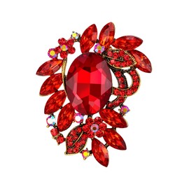 BriLove Women 's Wedding Bridal Big Crystal Rhinestone Marquise Flower Leaf Oval Bouquet Brooch Pin for Party Prom Ruby Color Antique-Gold-Tone
