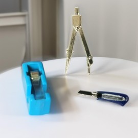 1:12 Scale Miniature Office Set: Tape Dispenser, Compass & Faux Craft Knives, Realistic Alloy Props (Blue)