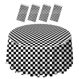 SietDESEO 4 Pack Round Checkered Tablecloth 84 x 84 Checkered Flag Table Cloth Disposable Plastic Table Cover for Race Car Party Outdoor Picnic Wedding Black and White Round Tablecloth