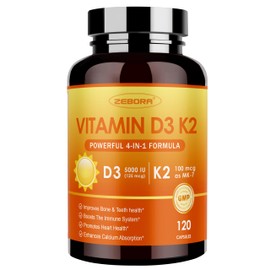 ZEBORA Vitamin D3 K2-5000 IU (125 mcg) Vitamin D & K2 (MK-7) 100 mcg with Zinc & Selenium - Maximum Absorption for Bone, Teeth, Heart & Immune Support - Gluten-Free, 120 Capsules