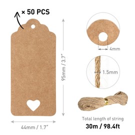 FOMGIIN Kraft Paper Gift Tags, 50 Pcs Brown Gift Tags for Crafts and Easter Christmas Lovely Labels Heart Wedding Hollow Favour Name Tags (50 Pcs Brown Tag with 30M Jute Twine String)