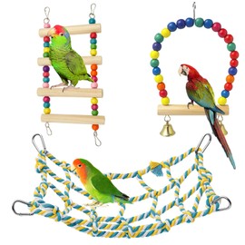 3 Pack Bird Toys, Budgie Toys and Rat Toy for Cage Accessories, Colorful Small Animal Climbing Toy with Swing, Ladder and Net for Parakeet, Cockatiel, Lovebird, Hamster, Rat