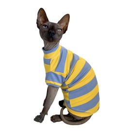 Sphynx Cat Clothes Shirts for Hairless Cat, Wide Stripe Cats Apparel, Kitten Summer Cotton T-Shirts with Sleeves for Cornish Rex, Devon Rex, Peterbald (Blue & Yellow, Small)