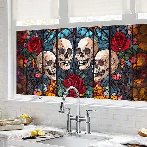Halloween Skull Rose Window Privacy Film 17.5 x 39.3in Stained