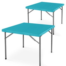 2 Packs Vinyl Card Tablecloth with Flannel Backing 34x34 inch - Waterproof Plastic Table Cover for Square Folding Table Cloth with Elastic Edges, Teal