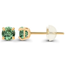 Genuine 10K Solid Yellow Gold 3mm Round Created Green Sapphire September Birthstone Stud Earrings For Women