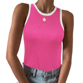 Zeagoo Womens Tank Tops Square Neck Cute Layer Seamless Ribbed Knit Basic Workout Tops Summer Sleeveless Shirts Rose Red L