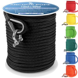 VEITHI Boat Anchor Rope 150 ft x 1/2 inch Black, Double Braided Anchor Line with Stainless Steel Thimble & Shackle, Marine Rope Ideal for Towing,Mooring,Decks,Anchoring,for Boats Up to 35'