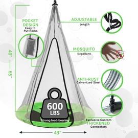 HOTJUMP 43'' Hanging Saucer Tree Swing, 2 in 1 Detachable Tent Swing for Kids Outdoor Set, Hammock Nest Pod Round Swing, Tear & UV Resistant Waterproof, Disc Circle Swing Set for Backyard Garden