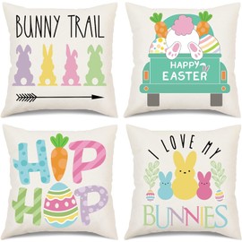 Baokcotei Easter Pillow Covers 18x18 Set of 4 Easter Decorations for Home Bunny Trail Truck Hip Hop Easter Decorative Spring Throw Pillows Cushion Covers Farmhouse Easter Decor