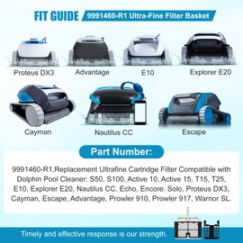 9991460-R1 Ultra-Fine Filter Basket Compatible with Dolphin Robotic Pool Cleaners S50 S100 Active 10 & 15 Echo T15 T25 Proteus DX3 Saturn Cayman Escape Nautilus CC Encore E10 Explorer E20 Solo Advanta