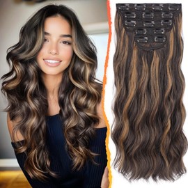 BARSDAR Wavy Clip in Hair Extensions - 20 Inch Highlight Clip in Hair Extensions for Women - 5PCs Thick Soft Synthetic Loose Wave Clip in Extensions Hairpieces – Dark Brown with Highlights