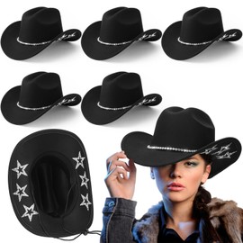 Hercicy 6 Pcs Sparkly Star Cowboy Hat Felt Black Western Cowboy Hat with Adjustable Drawstring Suitable for Men and Women