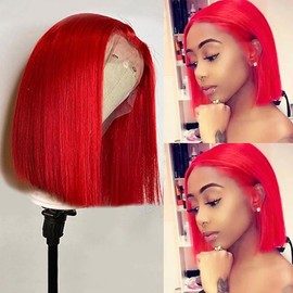Red Bob Wigs Human Hair HD Transparent Lace Silky Straight 16 Inch for Women 180% Density Middle Part 13x4 Lace Front Wigs Bleached Knots with Baby Hair Pre Plucked Hairline (Could be Restyled)