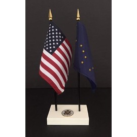 1 American and 1 Alaska Executive Flag Set American Made Rayon 4x6 inch Desk Set Includes a 2-Hole White ArcticSno Base with a USA Great Seal and Two Flags